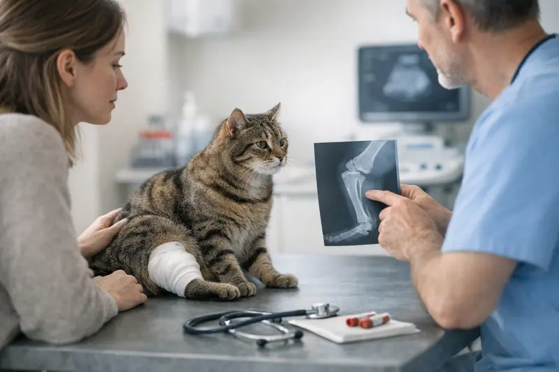 Tierarzt untersucht die Gelenke einer Katze mit orthopädischen Problemen.
