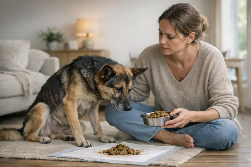 Ein Hund mit Symptomen von exokriner Pankreasinsuffizienz liegt auf dem Boden und wird von einem Tierarzt untersucht.