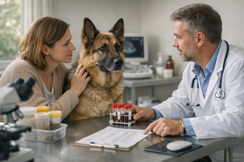 Tierarzt untersucht einen Hund auf exokrine Pankreasinsuffizienz.