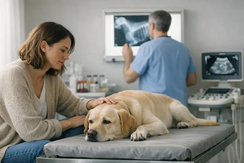 Wichtigkeit der Diagnostik für Tierarztkosten Ein Hund beim Tierarzt auf einem Untersuchungstisch während einer Diagnostik.