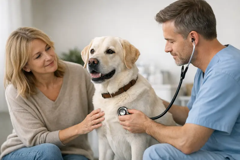 Ein gesunder Hund beim Tierarzt, der eine Vorsorgeuntersuchung erhält.