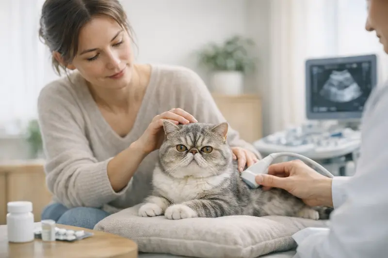 Exotische Kurzhaarkatze auf Sofa Eine exotische Kurzhaarkatze in einer ruhigen Umgebung, die entspannt auf einem Sofa liegt.
