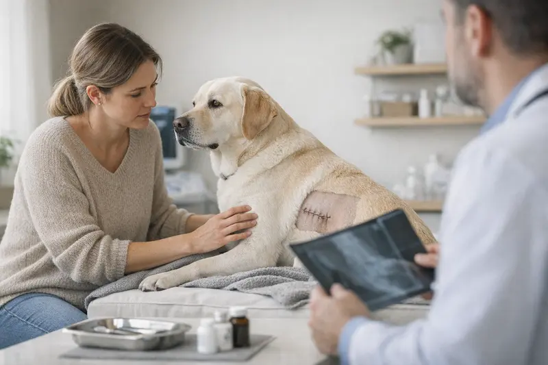 Tierarztuntersuchung bei Hautproblemen eines Hundes Der Tierarzt untersucht einen Hund mit Hautproblemen, um festzustellen, ob eine Operation notwendig ist.