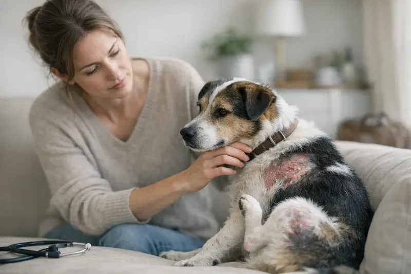 Ein Hund mit Haarausfall zeigt Anzeichen von Hautproblemen und benötigt einen Tierarztbesuch.