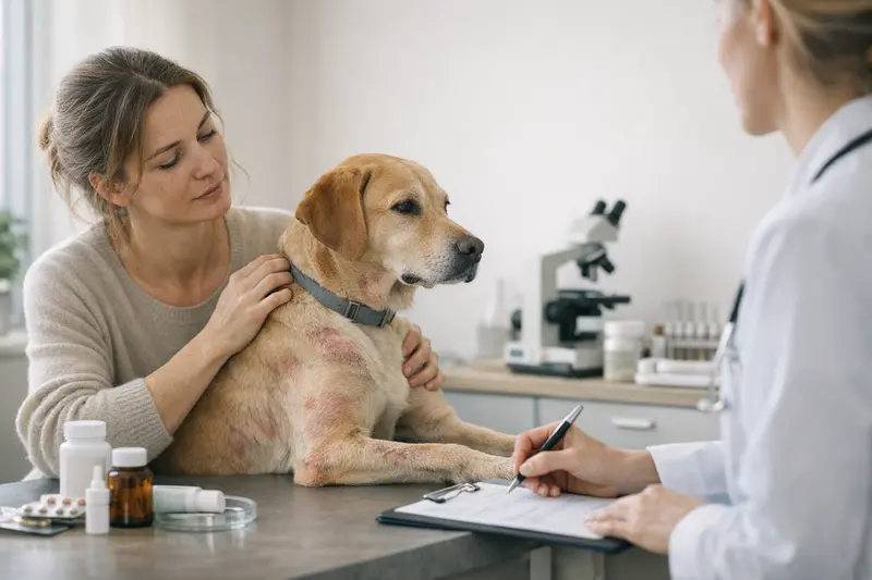 Haut- und Fellprobleme beim Hund Hundehalter untersucht den Fellzustand seines Hundes und informiert sich über eventuell anfallende Tierarztkosten.