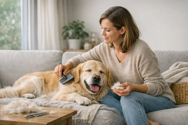 Ein Hund, der während des Fellwechsels sein Fell verliert, zeigt die typische Veränderung im Pelz.