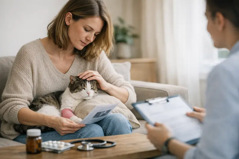 Versicherung für Katzen mit bestehenden Symptomen Katze mit Tierarzt, die auf die Bedeutung von Versicherungen bei bestehenden Symptomen hinweist.