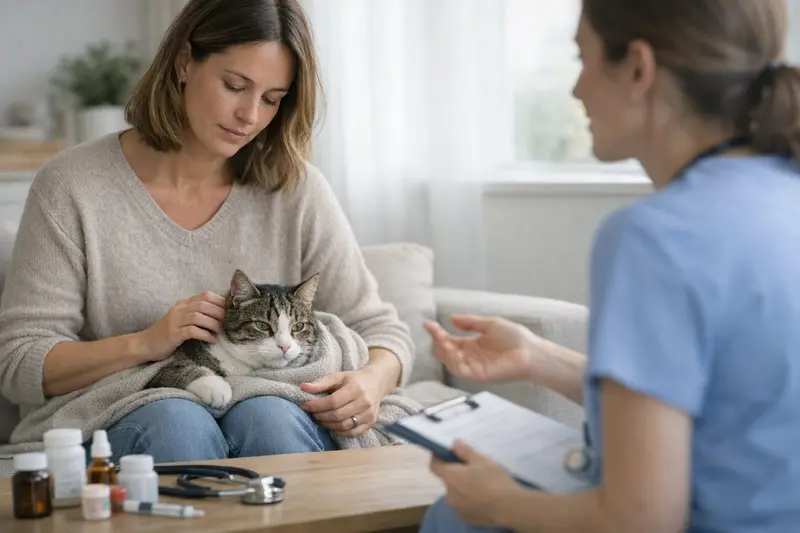 Tierarztuntersuchung Katze FeLV Tierarzt bei der Untersuchung einer Katze mit FeLV-Diagnose