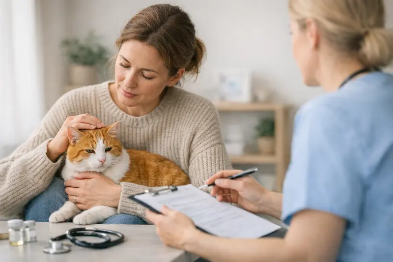 Eine Katze wird vom Tierarzt auf FeLV untersucht, um den Gesundheitszustand zu klären.