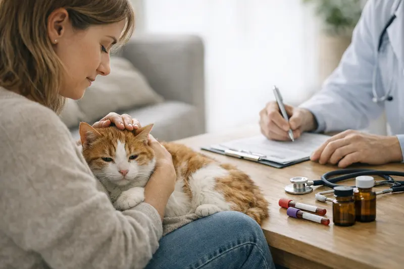 Katzenversicherung und FeLV-Diagnose Illustration einer Katze mit einem Tierarzt bei der Diagnose von FeLV Erkrankungen.