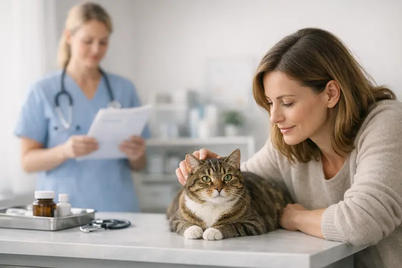 Katzenversicherung und Vorsorgeuntersuchungen Ein Tierarzt untersucht eine stabil und gesund wirkende Katze auf Vorsorgeuntersuchungen.
