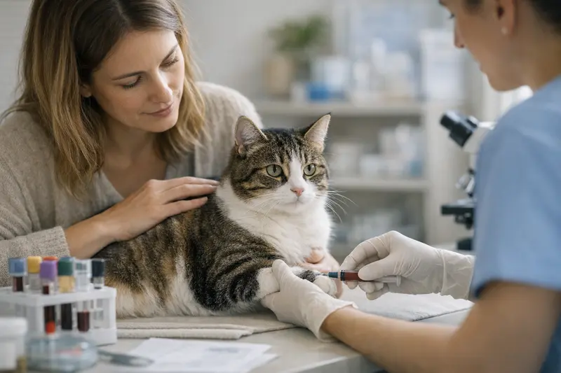Katzenärztliche Untersuchung für FeLV-Tests Eine Katze mit einem Tierarzt während einer Laboruntersuchung für FeLV-Tests.