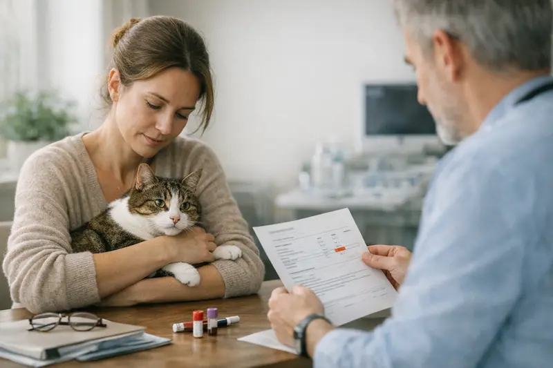 Eine Katze wird vom Tierarzt untersucht, um eine mögliche FeLV-Erkrankung festzustellen.