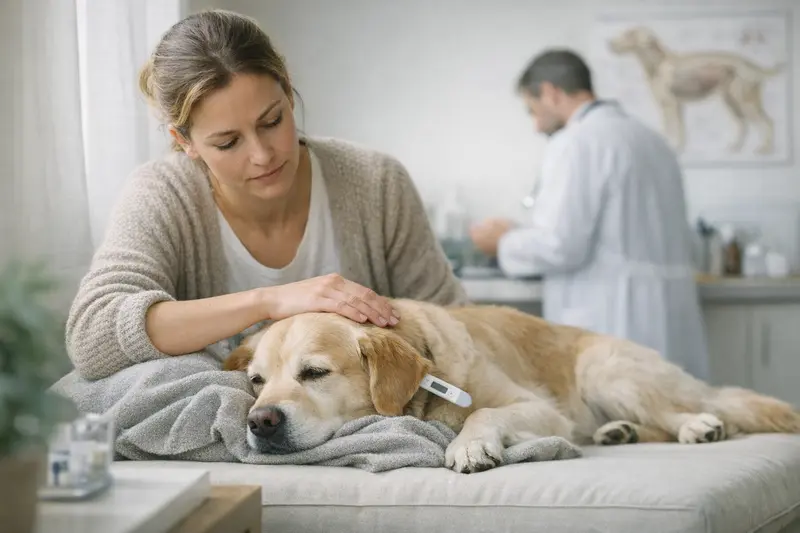 Tierarztbesuch bei Fiebervermutung Ein Hund, der beim Tierarzt untersucht wird, um mögliche Fieberbehandlungen zu klären.