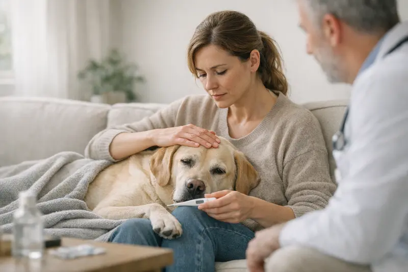 Ein Hund mit erhöhter Körpertemperatur beim Tierarzt zur Untersuchung.
