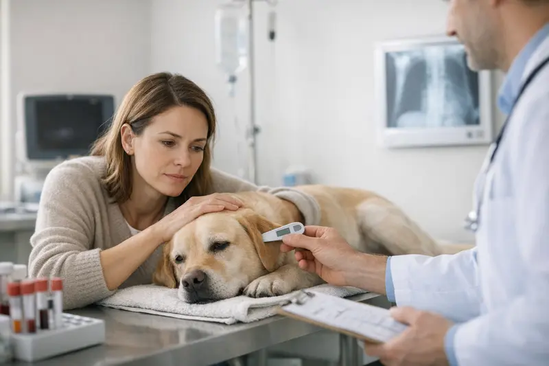 Tierarztkosten bei Fieber beim Hund Hund mit Fieber wird von einem Tierarzt untersucht.