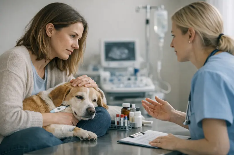 Wichtige Tarifmerkmale für Hundekrankenversicherungen Hund beim Tierarzt mit Fieber und Infekt, umgeben von Diagnosetechnologien.