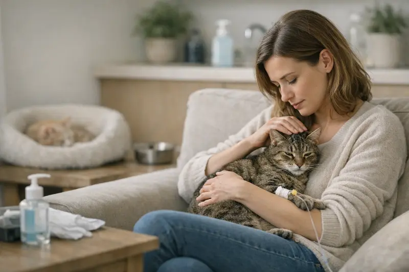 FIP und Katzen: Ansteckungsgefahr für Haustiere Katzenbesitzerin untersucht ihre Katze auf Symptome von FIP.
