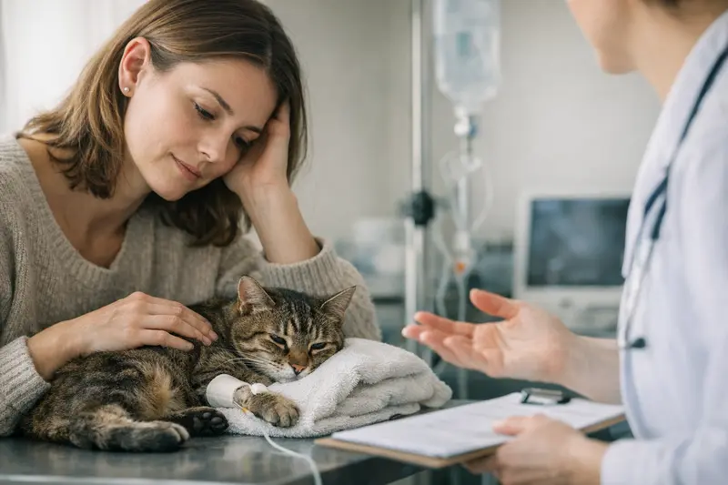 Tierarztuntersuchung Katze FIP Tierarzt untersucht Katze auf FIP-Verdacht, während der Halter über die OP-Versicherung nachdenkt.