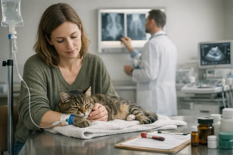 Kosten der Abklärung bei Katzenkrankheiten Tierarzt bei der Untersuchung einer Katze mit Verdacht auf FIP, um die hohen Abklärungskosten zu verdeutlichen.