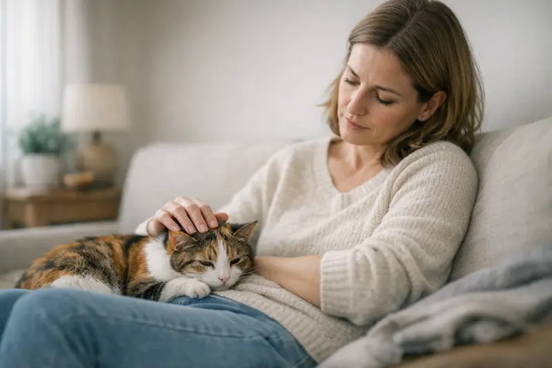 Eine besorgte Katzenhalterin beobachtet ihre Katze, die Anzeichen von Müdigkeit zeigt.