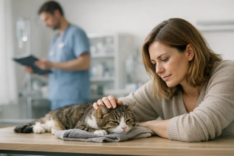 Entscheidungen bei Tierarztkosten Eine besorgte Katzenhalterin betrachtet die Gesundheitskosten ihrer Katze.