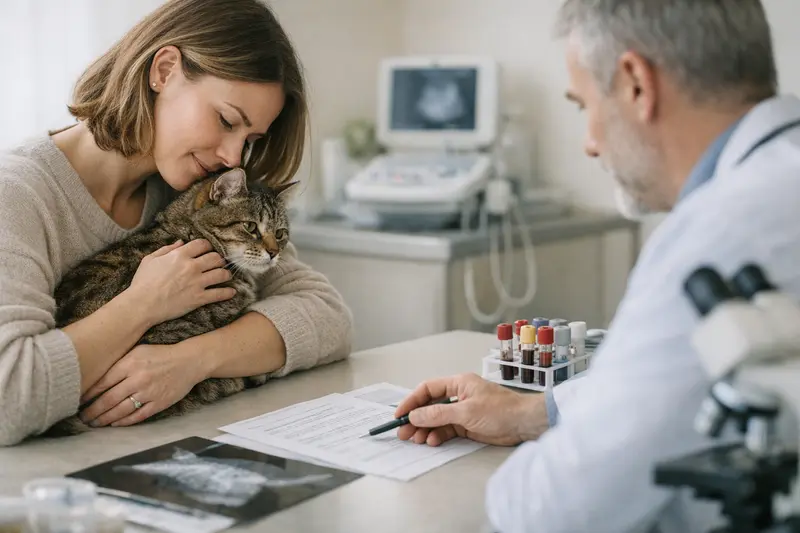 Tierarzt Untersuchung bei FIP-Verdacht Ein Tierarzt untersucht eine Katze auf mögliche FIP-Symptome.