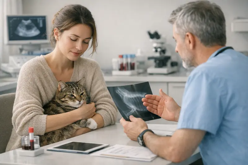 FIP Diagnostik bei Katzen Tierarzt untersucht eine Katze auf FIP mit verschiedenen diagnostischen Geräten.