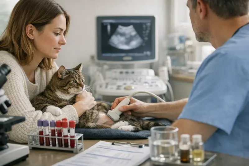 Tierarzt untersucht eine Katze mit Verdacht auf FIP, erste Untersuchungskosten entstehen