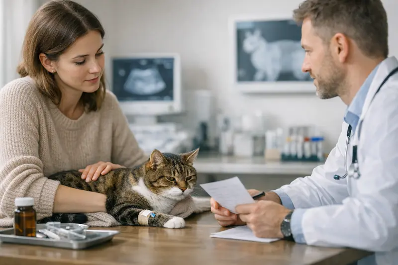 Katzenkrankenversicherung Abschluss Tipps Eine Katze liegt entspannt in einer Tierarztpraxis, während die Tierärztin wichtige Informationen zur Katzenkrankenversicherung erklärt.