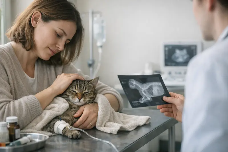 Tierarztuntersuchung zu FIP bei Katzen Eine Katze, die beim Tierarzt untersucht wird, um mögliche FIP-Symptome abzuklären.