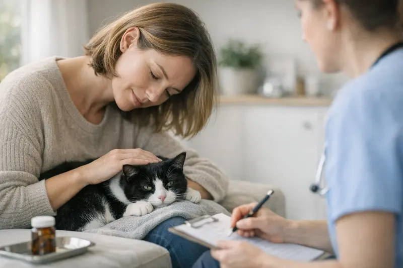 Eine gesunde Katze beim Tierarzt, die auf regelmäßige Kontrollen vorbereitet ist.