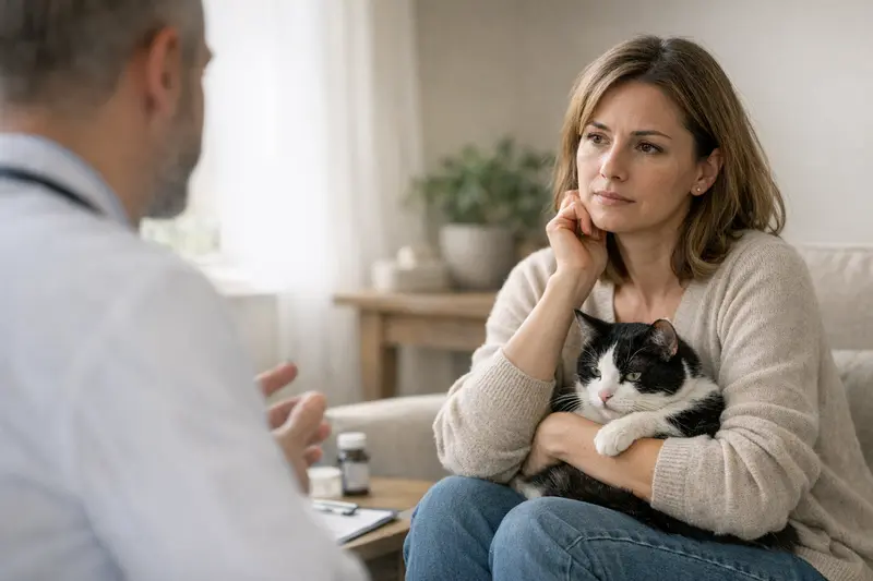 FIV-Katze Behandlung Tierarzt untersuchen eine Katze mit FIV auf Behandlungsmöglichkeiten.