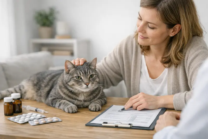 Wichtige Tarifdetails für Katzenversicherungen bei chronischen Krankheiten Eine Katze beim Tierarzt, die auf gesundheitliche Aspekte und Versicherungsfragen untersucht wird.
