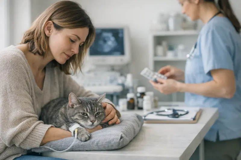 Ärztliche Behandlung einer Katze mit FIV und Diskussion über OP-Versicherung
