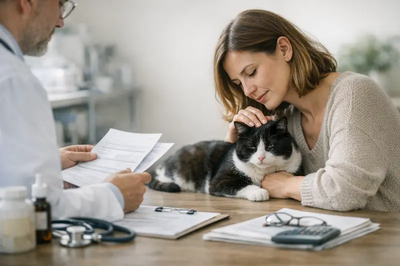 Katzenkrankenversicherung Vergleich Katzeneigentümer vergleicht verschiedene Katzenkrankenversicherungen am Computer.