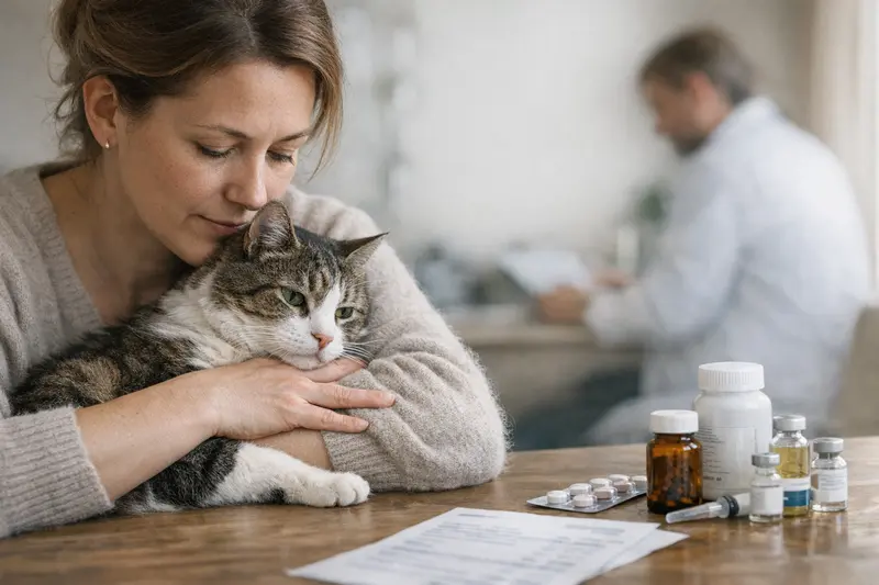 Katze beim Tierarzt wegen FIV Eine neugierige Katze sitzt im Untersuchungsraum beim Tierarzt und wartet auf die Behandlung von FIV.