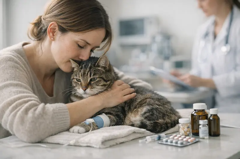 Tierarztberatung für FIV-kranke Katze Katzendoktor mit einer FIV-kranken Katze, die tierärztliche Behandlungen erhält.