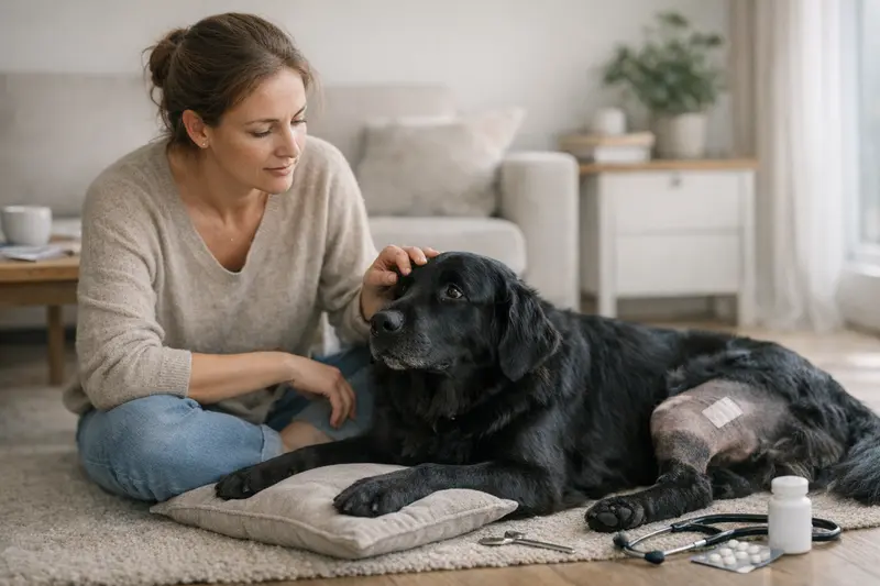 Ein Flat Coated Retriever bei einem Tierarzt für eine Operation.