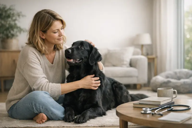 Hundekrankenversicherung: Der ideale Abschlusszeitpunkt Ein glücklicher Hund mit einem Tierarzt, der über die Hundekrankenversicherung informiert.