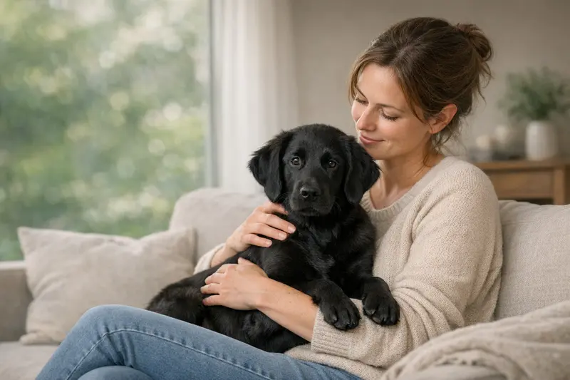 Ein glücklicher Hund spielt im Park, während sein Besitzer über Hundekrankenversicherungen nachdenkt.