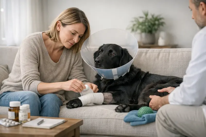 Ein Hund wird nach einer Operation von einem Tierarzt untersucht, während seine Halterin beruhigend zuschaut.