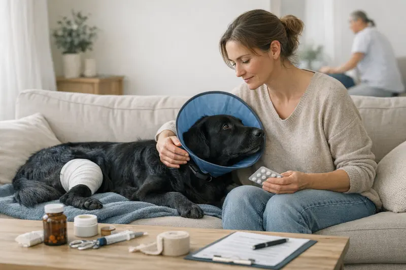 Nachbehandlung nach einer Operation beim Hund Ein Hund erhält nach einer Operation eine Nachbehandlung mit Medikamenten und Verbänden.