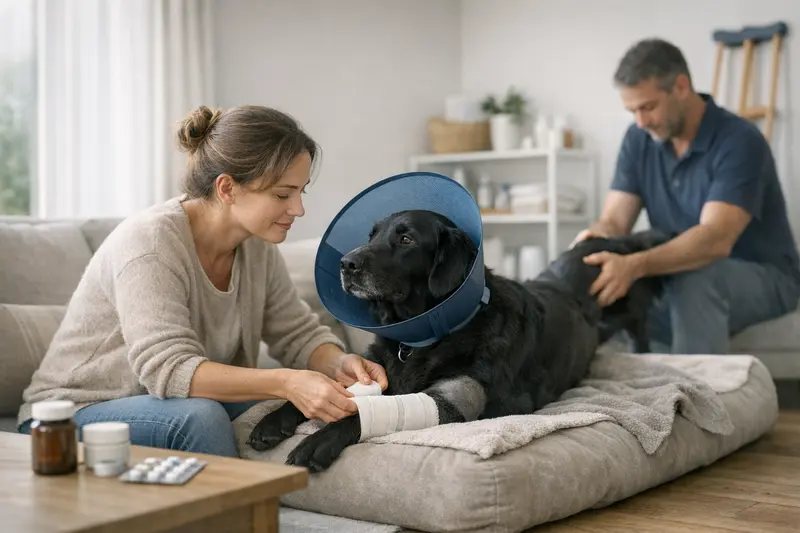 Hund beim tierärztlichen Kontrolltermin nach einer Operation mit Verbänden