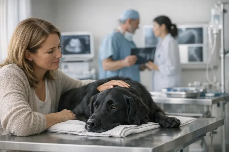 Tierarztkosten für Hunde im Fokus Tierarzt bei der Durchführung einer Untersuchung an einem Hund, zeigt die Bedeutung von Diagnostik und OP-Kosten.