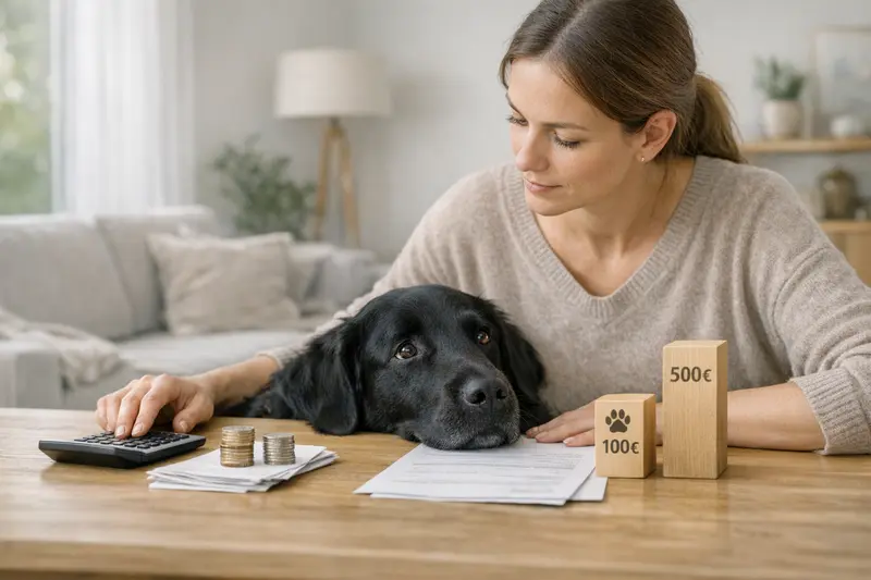 Hundekrankenversicherung und Selbstbeteiligung Ein Hund mit einem Tierarzt, der über Kosten und Versicherungsdetails informiert.