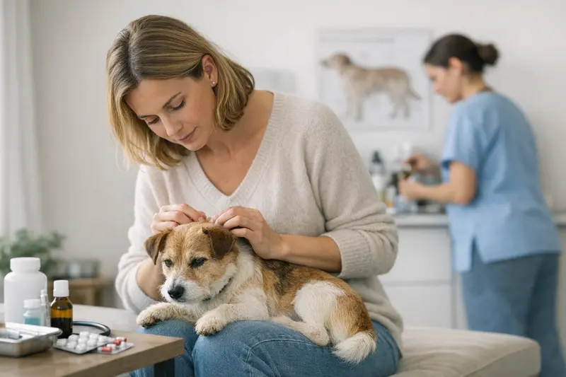 Tierarztbesuch Hund Flohbehandlung Ein Hundebesitzer beim Tierarzt zur Behandlung von Flohproblemen