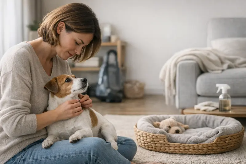 Hundebehandlung und Umgebungsreinigung Ein Hund liegt auf einem sauberen Teppich, während sein Halter die Umgebung reinigt.