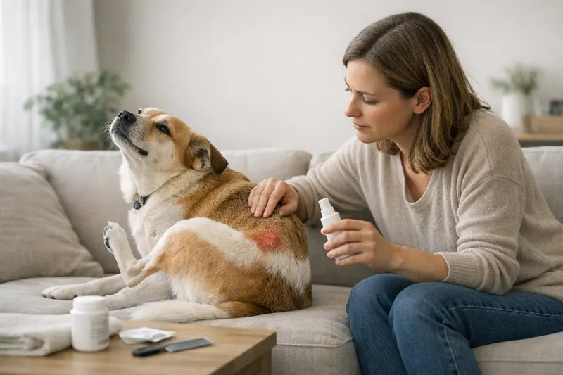 Juckreiz bei Hunden trotz Behandlung Ein Hund kratzt sich trotz Beginn der Behandlung, was auf anhaltenden Juckreiz hinweist.