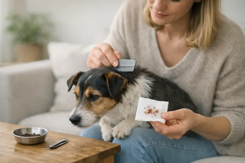 Flohkot-Test mit Flohkamm Ein Flohkamm wird verwendet, um Flohkot von einem Hund zu entfernen, was die Gesundheit des Tieres unterstützt.